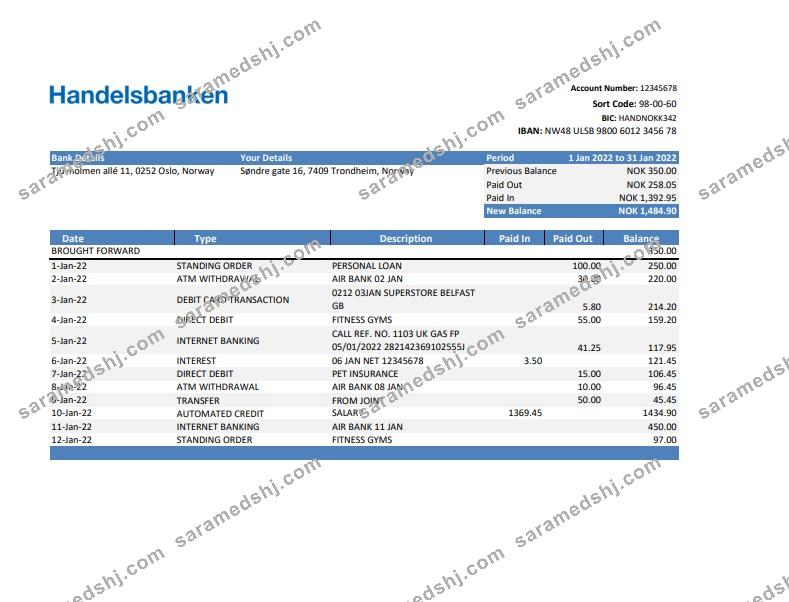 Norway Handelsbank statement Excel and PDF template